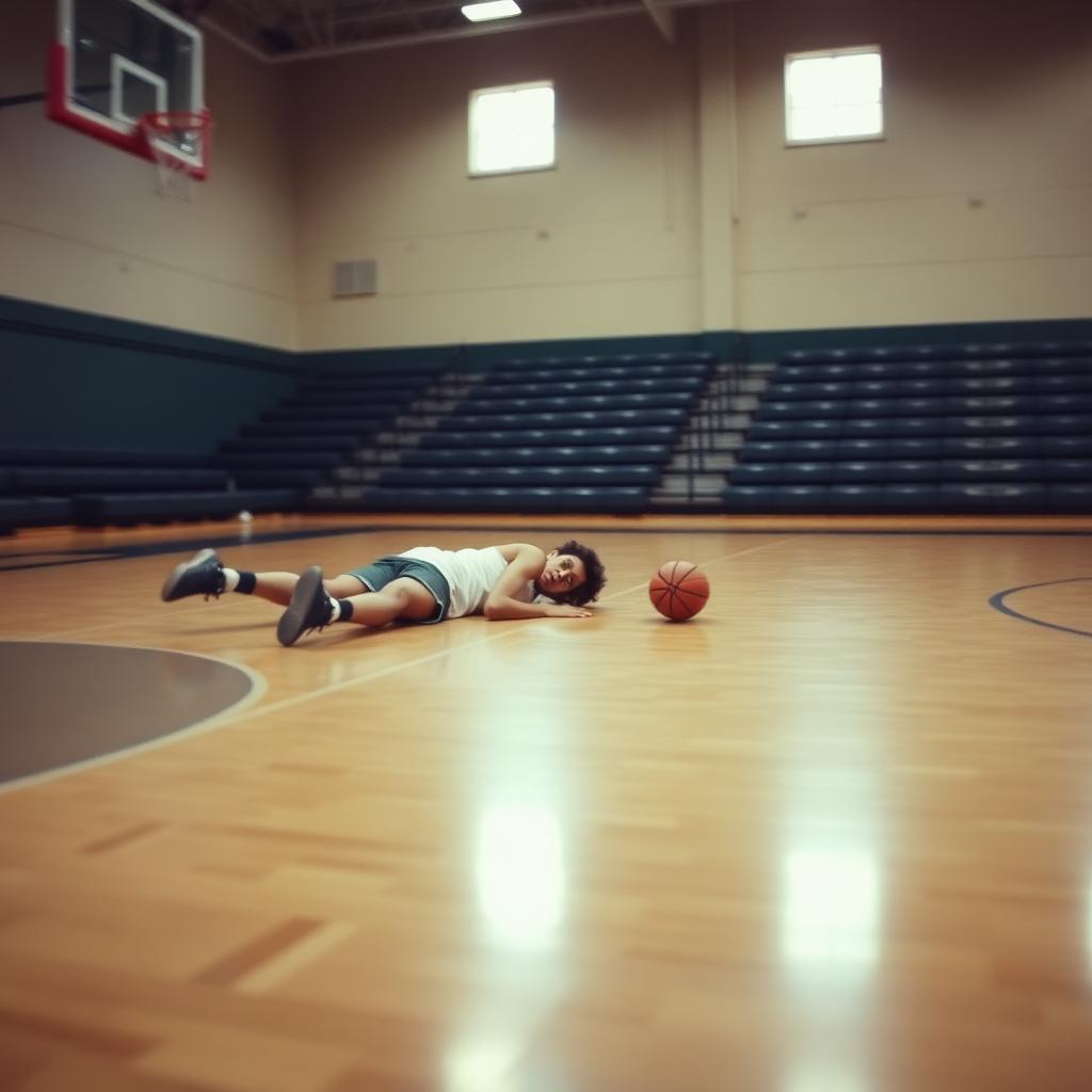 Basketball player sprawled on a gym floor next to a loose ball