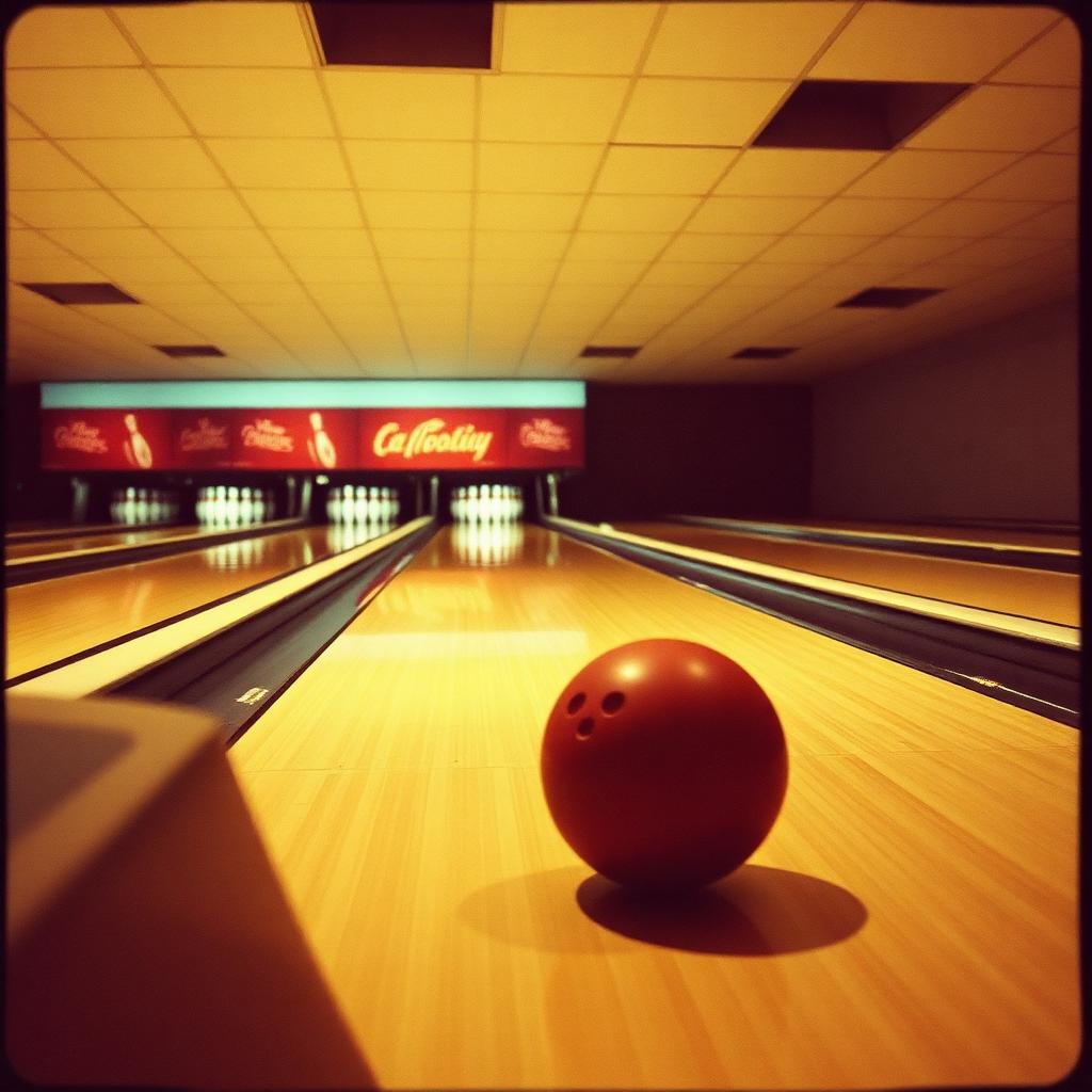 Bowling ball rolling down a lane with pins barely touched