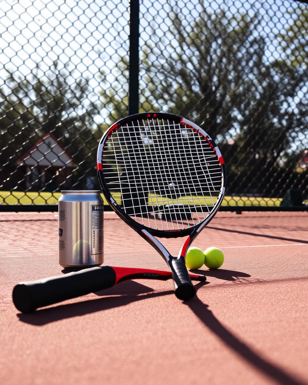 Cracked tennis racket lying on a public court beside two balls